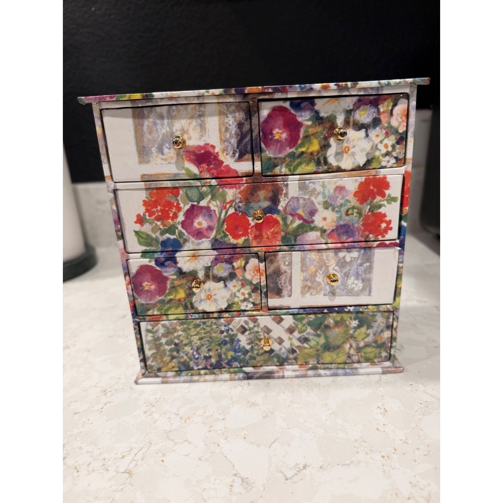Vintage Floral Jewelry Storage Box 5 Drawer Chest Garden Print Organizer